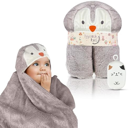 Essentials Ibiza Capa de Baño con Capucha para Bebe y Esponja Regalo | Toalla Albornoz Bebé 100% Algodón Bambú Súper Suave | Recién Nacido Unisex Niños y Niñas de 0 a 4 años (Pingüino)