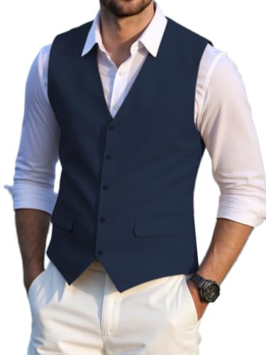Chaleco de lino de verano para hombre, corte regular, traje clásico, chaleco para bodas y fiestas (azul marino, XL), marine, XL