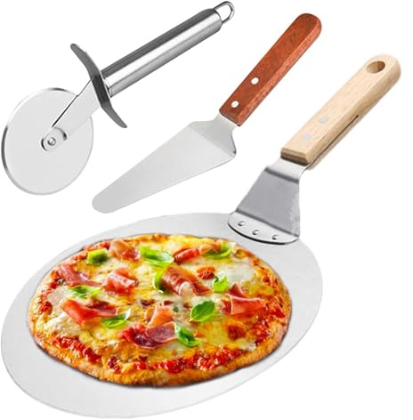 COMFOLIVING Pequeña cáscara de pizza, cortador de pizza | 3 piezas de pala de pizza portátil para hornear | Espátula de pizza metálica, cortador para pizza, herramientas para horno de pizza