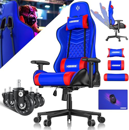 KESSER® Gamingstuhl Ergonomisch Gaming Stuhl Bürostuhl mit Kopfstütze & Lendenkissen | Racing Gamer Stuhl 150kg belastbar | Armlehne 360° | Drehbarer Schreibtischstuhl Gaming Chair + Gummi-Rollen