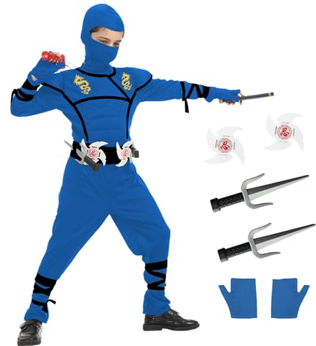 JEEK ninja cDeluxe Costume de ninja pour enfant, pour garçon, pour cosplay, Halloween, Noël, enfant, taille S 4/5 T, bleu