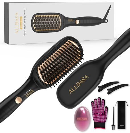 ALLBASA Lisseur Cheveux Professionnel Brosse Lissante Pour Cheveux, 4 Température Réglages, 140℃-200℃, Fers à Lisser Négatifs Ions,Tous Types de Cheveux (Or, Brosse Lissante)