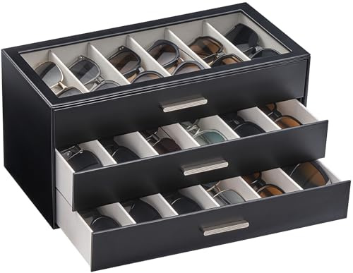 Lolalet Boîte à Lunettes 3 Niveaux, Rangement de 18 Paires de Lunettes de Soleil avec Couvercle Transparent et Tiroirs, Grande Capacité pour Lunettes et Accessoires
