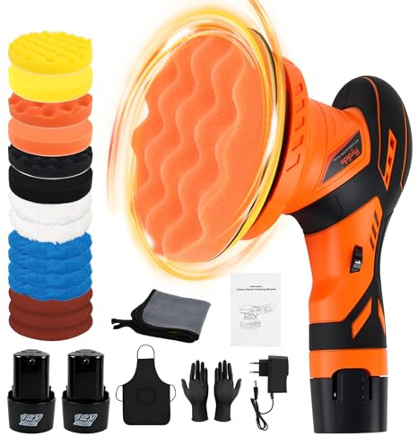 Flydida Lucidatrice Auto a Batteria, Lucidatrice Excentrica da 6 Pollici con 2 Pezzi di Batterie al Litio da 12V 2000mAh, Set di Lucidatrici Auto 17pz 5500RPM per Auto, Cura e Pulizia Auto, Lucidatura
