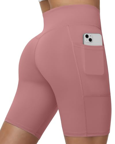 Runhit Kurze Leggings Damen mit Tasche, 8 High Waist Sport Tights Kurz Sommer, Blickdicht Sporthose Yoga Hose für Gym Fitness Outdoor Dunkelrosa XXL