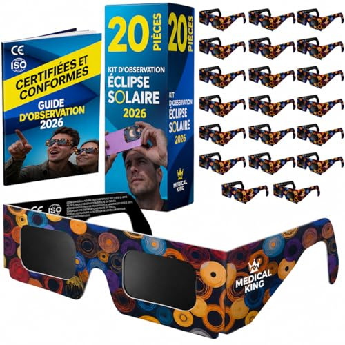 Lunettes Eclipse Solaire 2026 – Lot de 20 Paires Premium avec 2 Filtres Solaires pour Smartphone, Lunettes Eclipse Solaire ISO 12312-2, Certifiées CE, Protection des Yeux pour l'Observation du Soleil