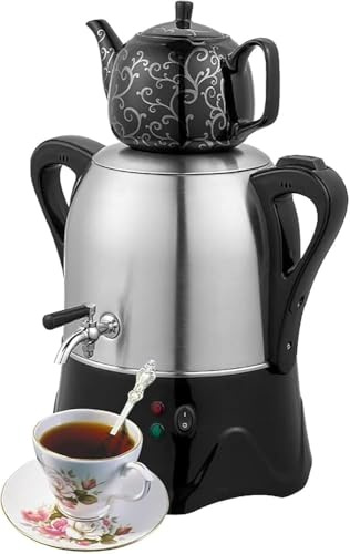 Turkisk tebryggare och samovar med Keep Warm – 3 L rostfritt stål + 1 l keramisk tekanna för turkiskt te, kaffe och doftande te