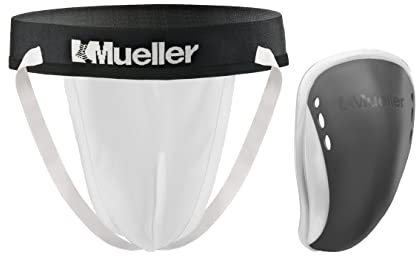 MUELLER Sports Medicine Men's Athletic Supporter with Flex Shield Cup, Adult Jockstrap for Sports, White Underwear/Gray Cup, Medium