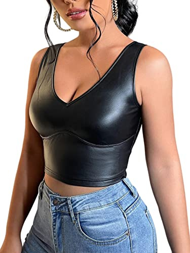Floerns Women's PU Leather V Neck Sleeveless Camisole Solid Crop Tank Top Black M