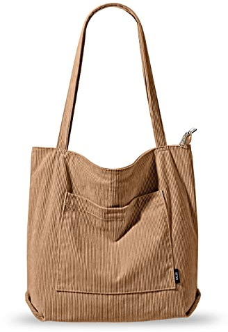 KALIDI Corduroy Tote Bag with Zipper Waterproof Cord Tote Bag for Women with Pockets Compartments Large Capacity Shoulder Bags Handbags for School Work Shopping Travel Daily Use (Khaki)