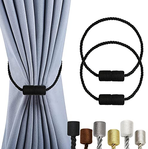 OCIOLI 2 Pack Magnetic Curtain Tiebacks Curtain Holdbacks Curtain Ties Outdoor Curtain Tiebacks Modern Rope Tiebacks Drapery Holdbacks Tie Backs for Curtains (Black, 2)