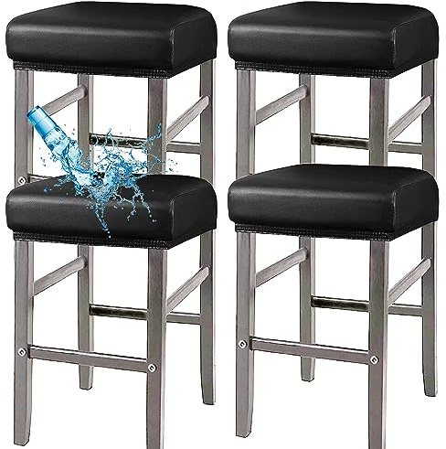 ANWUCHEN Stool Covers Rectangle,4 Pack Stretch Waterproof PU Rectangle Bar Stool Covers Elastic Vanity Stool Cover Removable Counter Stool Covers with Elastic Bands Black