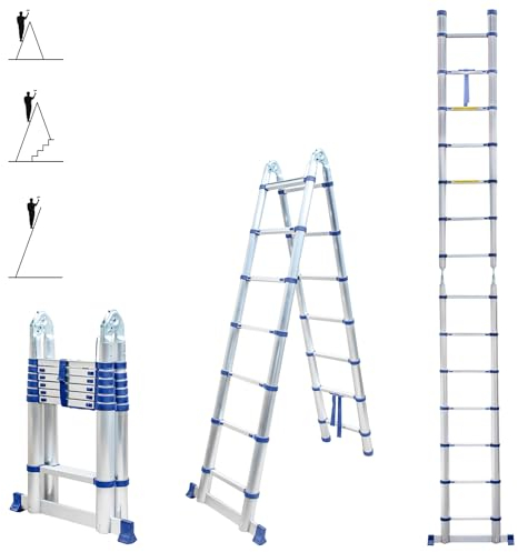 Echelle télescopique articulée 4,4m STEMPAKT, escabeau 2x7 marches Pliable Professionnel Multifonction, H Max Travail 5,3m, Garantie 5 Ans, Hoström