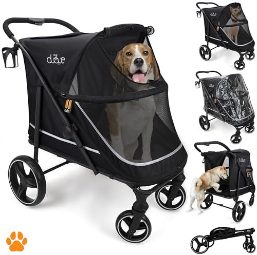 MY DUQUE – Hundebuggy Hundewagen CHAMP – XL Buggy große Hunde, geräumig, Haustierwagen, Katze, Hund, Zusammenfalten, inkl. Regencover, Getränkehalter, Stauraum, max. Last 50kg/110lb, Schwarz
