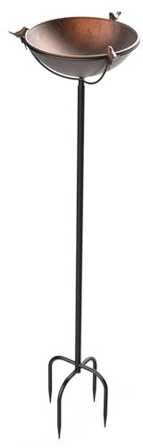 EFUTURETIME Vogeltränke Metall Stehend φ 26 × 109 cm Vogeltränke Spieß mit 3 Vogelskulpturen Vogelbad Garten mit Höhenverstellbar Ständer für Outdoor Garten Balkon, Bronzefarbe