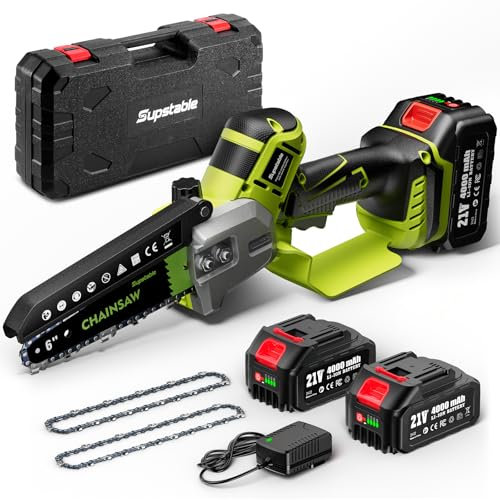 Supstable Mini Tronconneuse a Batterie 8000mAh, 6 Pouces Tronconneuse Electrique, Avec Huilage Automatique, Moteur Sans Balais, 2 Batteries, 2 Chaînes De Rechange Et Chargeur, Scie Sans Fil À Une Main