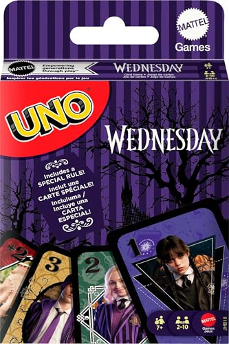 Mattel Games UNO Wednesday Card Game for Kid, Adult & Family Nights, Parties, Travel & Camping, Toy Collectible Inspired by the Series, JHB18