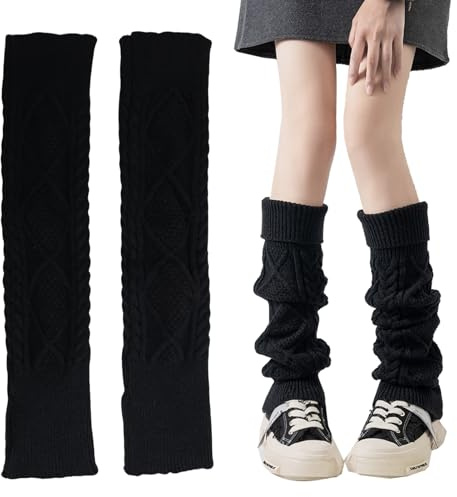 Yenvory Scaldamuscoli da donna Lolita a maglia, colore nero con motivo a diamanti, scaldamuscoli elastici, calzini impilabili al ginocchio, per stivali e sneakers, alla moda per ragazze e donne, Nero