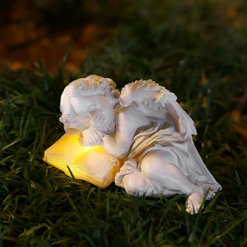 Tuzsocr Statue du Jardin des Anges, Figurine Ange Gardien Endormi, Sculpture de deuil avec LumièRe LED Solaire, Auto-on, Ange Tombe pour Terrasse, Pelouse, Cour, Pendaison de crémaillère, Funèbre