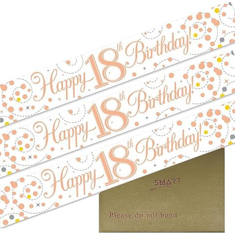 9ft Banner Happy 18th Birthday Sparkling Fizz White & Rose Gold Holographic Foil Pennant