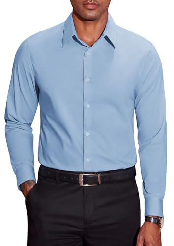 COOFANDY Camicia da Uomo a Maniche Lunghe in Cotone Stretch Anti-Piega per Business e Tempo Libero Regular Fit Azzurro L