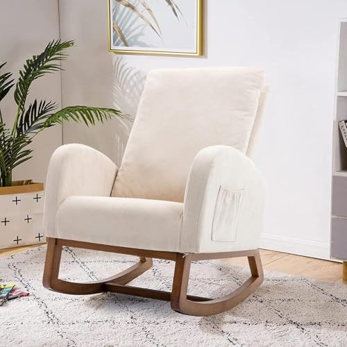 BHFFTHK Sedia a dondolo con poggiapiedi, con tessuto di velluto e 2 tasche laterali, comoda poltrona da lettura per soggiorno (beige-D)