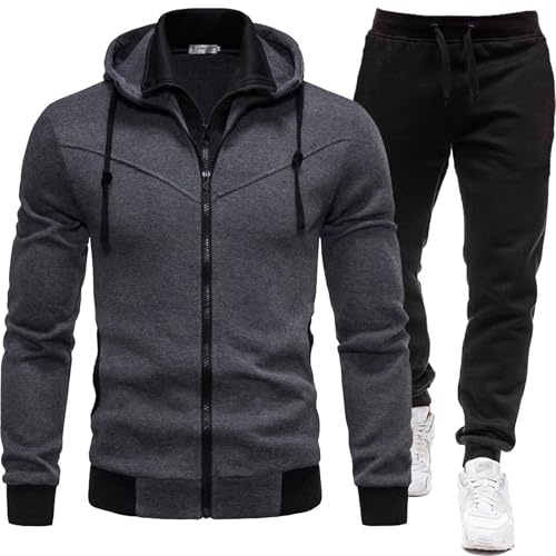 Chándal de 2 piezas para hombre, chaqueta con capucha casual, sudadera lisa con parte inferior para correr, con cremallera, forro polar, sudadera atlética, manga larga, cremallera completa, conjunto