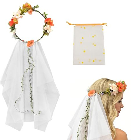 UZYXC Corona di fiori per sposa + Velo per sposa con borsa di immagazzinaggio in tulle, Corona di fiori in pizzo per capelli, Velo bianco per matrimoni, accessorio per sposa