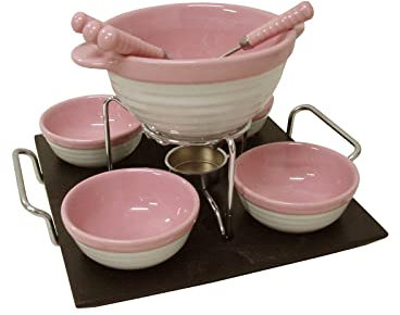 Desconocido Fondue Porcelana Chocolate Queso Carne Base 4 Cuencos Redonda Rosa 400ML + 70ML