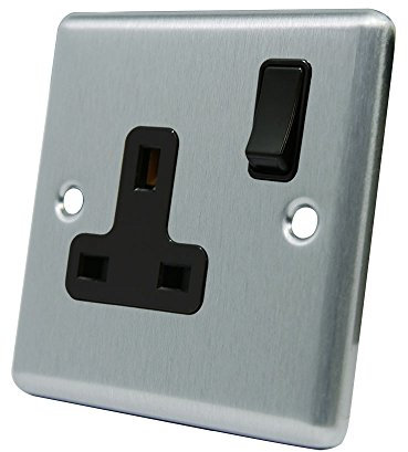 AET CSC1GSOCBL 13 A 1-Gang Satin Finish Chrome Classical Single Plug Socket with Black Insert Plastic Rocker Switch