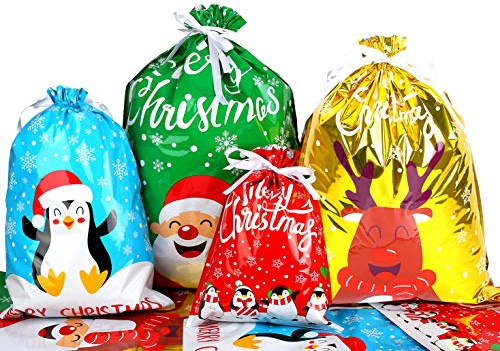 DIYASY 30pcs Christmas Drawstring Gift Bags, Lager Size Xmas Gift Wrapping Goodies Bags