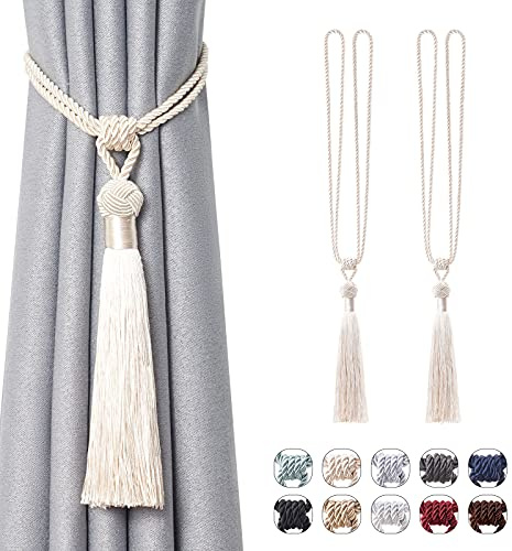 Pretty Jolly Long Tassel Curtain Tiebacks, European‑Style Braided Rope Knot | Stylish decorative holdbacks suit home & office window drapery, exquisite window accessory,2 Pack, Beige