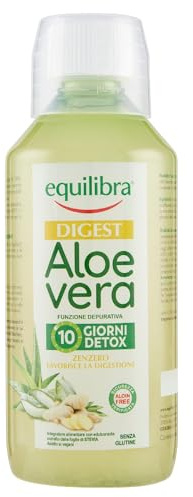 Equilibra Integratori Alimentari, Digest Aloe Vera, Integratore Aloe Vera da Bere Puro o Diluito, Aloin Free, Detox, Pura Polpa, Senza Aggiunta di Acqua, con Zenzero, Digestivo, Senza Glutine, 500 ml