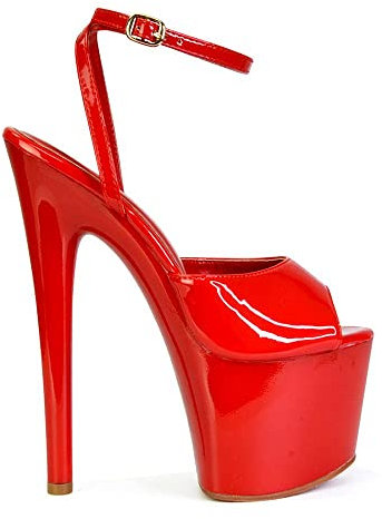 Womens Sky High Platform Heels Ladies Stiletto Strappy Ankle Strap Peep Toe Shoes Size 3-8 Red Patent