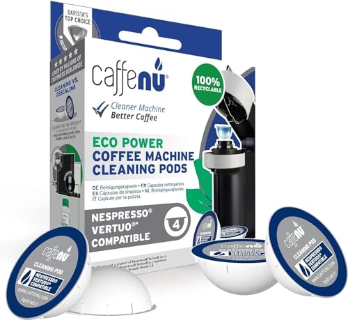 Caffenu Cleaning Pods Compatible with Nespresso Vertuo. 4 Cleaner Capsules. For Improved Coffee Flavor and Crisp Coffee. Use with Descaling Kit