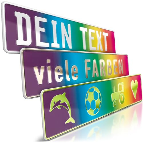 schildEVO 1 Fun-Schild geprägt | Regenbogen mit Wunschtext bis zu 16 Zeichen | Aluminium Namensschild | Individuelles Rainbow Fun-Kennzeichen | Bohrlöcher & Saugnäpfe