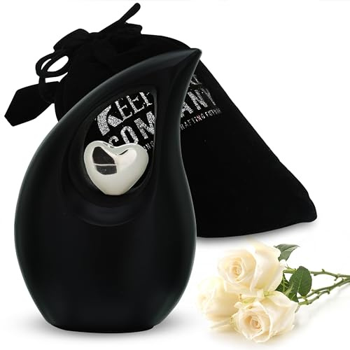 KEEPSAKE COMPANY Petites Mini-Urnes en Forme de Larme Noire Mate pour Cendres humaines avec cœur argenté (3 Pouces de Hauteur) - Urne - Urne funéraire - Petite urne pour Animaux de Compagnie - Blanc