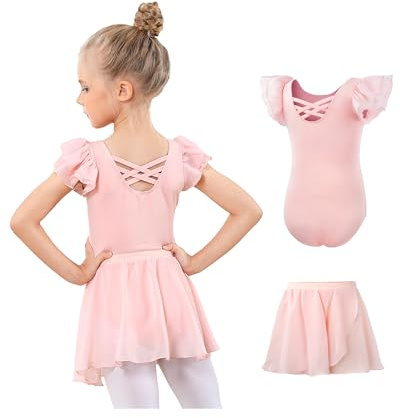 JiAmy Ropa de ballet para niña, vestido de ballet para niña, traje de ballet, de algodón, manga corta, maillot de ballet, traje de baile, body de danza + falda envolvente de gasa, falda tutú, vestido