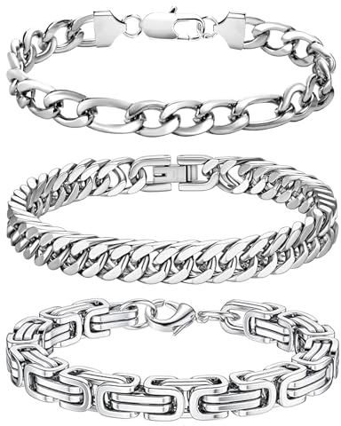 LOCCY Armband Herren, 3 Stück Silber Edelstahl Herrenarmbänder Panzerkette Armband Königskette Armbänder Figaro Kette Gliederarmband für Männer Jungs Papa Sohn Ehemann Freund (Silber-8mm, 21)