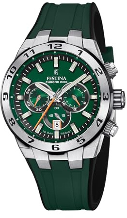 FESTINA Chrono Bike Armbanduhr für Herren in der Farbe Grün mit Armband aus Silikon, Wasserdichtigkeit: 10 bar, Gehäusedurchmesser: 44.5 mm, F20671/2
