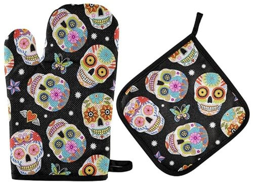 Mexican Sugar Skulls Oven Mitts Pot Holder Set Retro Halloween Kitchen Decor Cooking Stove Gloves Heat Resistant Hot Pads Recycled for BBQ Baking Grilling