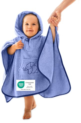 ULLENBOOM Badeponcho Baby, Frottee aus 100% Baumwolle (OEKO-TEX zertifiziert) und Made in EU - Ideal als Badetuch und Bademantel für Kinder und Babys von 1-3 Jahren, Blau