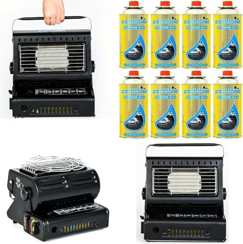 2 In 1 Camping Heater & Stove – Butane Gas Powered Portable Tent Cooker With Carry Handle, Safety Grill, Auto Ignition For Caravan, Fishing, Hiking & Outdoor (2 in 1 Camping Heater + 8 Butane Gas)