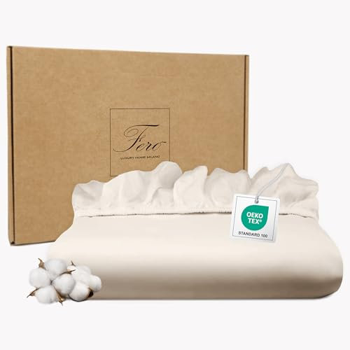Ferò Luxus Spannbettlaken 90x200cm Baumwolle Mako Satin, 300TC Baumwolle mit Seidenprotein, Oeko Tex 100, Designed in Italy, Spannbettlaken Baumwolle 90x200 Höhe bis 30cm, Weiß Elfenbein