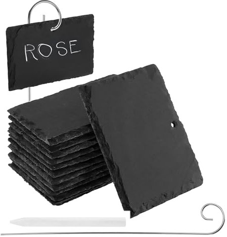 MUNGHOK Lot de 12 étiquettes en ardoise de 10 x 7 cm à écrire, étiquettes pour plantes avec tige en métal de 40 cm, étiquettes pour plantes en ardoise pour herbes et panneaux