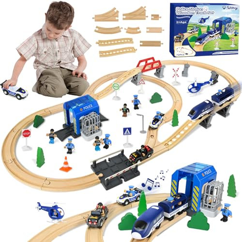 Ulikey Holzeisenbahn Set Kinder, 72 Teiliges Holzeisenbahn Schienen und Zug Spielzeug, Modelleisenbahn-Set mit Elektrische Lok, Polizei und Räubern, Spielzeugeisenbahn Geschenk für Jungen und Mädchen