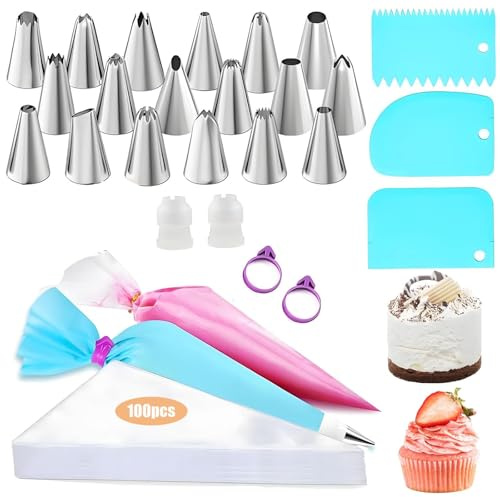 126 Pcs Piping Bags and Nozzles Set, 18 Mounting Nozzles 2 Small Converters 2 Silicone Ties 3 Cream Scraper 1pcs 12 inch EVA Mounting Bag 100pcs Disposable Mounting Bag