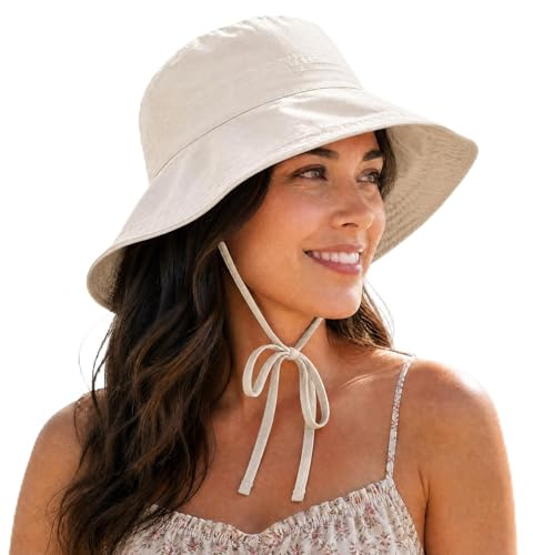 Shyllin Sombreros de Sol para Mujer, Sombrero Mujer Verano con Cordón Cortavientos, ala Ancha, Protección Solar UPF 50+ UV - Bucket Hat para Playa, Viajes y Jardinería (FR/ES, Números, 58, Beige)
