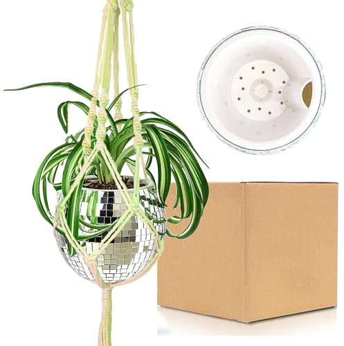 6 zoll Discokugel Blumentopf Hängend,Discokugel Blumenampel Makramee,Selbstbewässernd discokugel übertopf mit Baumwollseil,Silber Spiegel Kugel Pflanztopf,Modern Disco Geschenk Topf für Decken Balkone