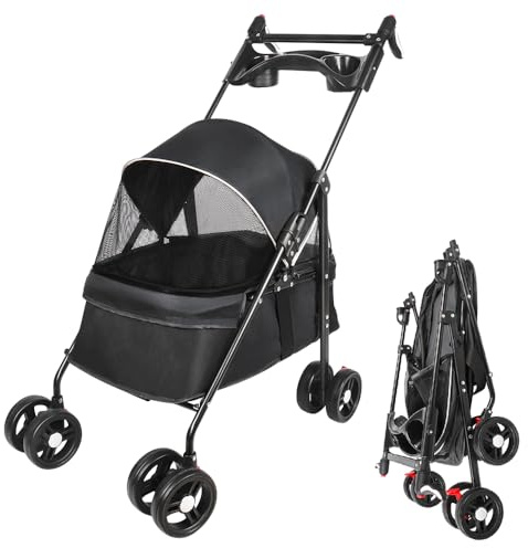 XANNI Passeggino pieghevole per cani e gatti, con portabicchieri, ruota con freno, capacità di carico 20 kg, per cani e gatti piccoli, 50 x 70 x 95 cm (nero)